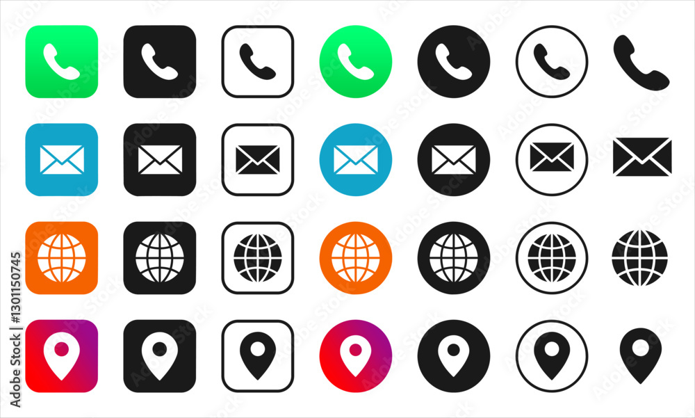 Latest contact icon vector set 2025. Phone, Email, Website, Location pin. In square, round, outline styles