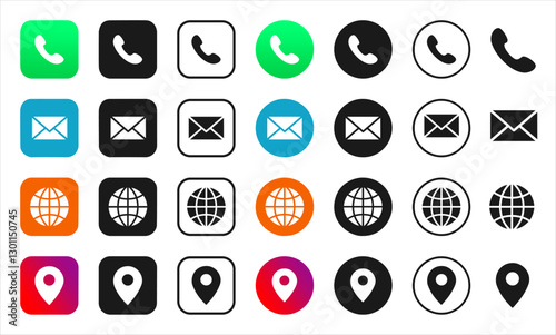 Latest contact icon vector set 2025. Phone, Email, Website, Location pin. In square, round, outline styles