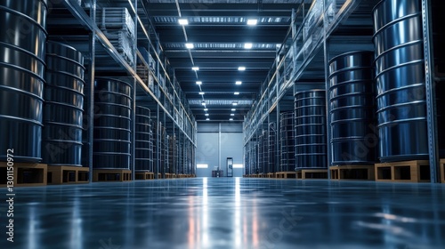 A long row of shelving units filled with various items in a warehousing or retail environment