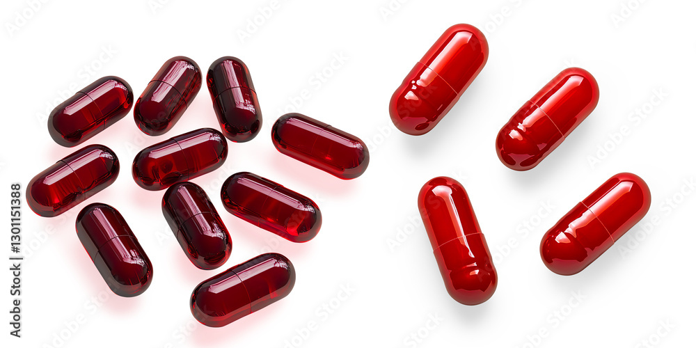 Cluster of Red Gelatin Capsules on a White Surface. on a Transparent Background Cluster of Red Gelatin Capsules on a White Surface. on a Transparent Background