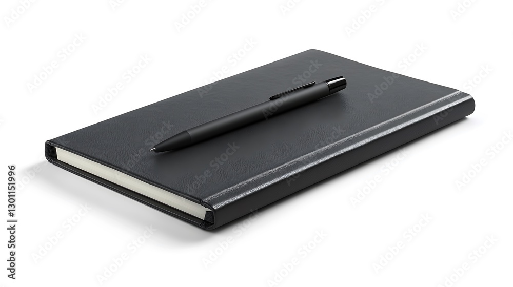 Elegant black notebook and pen asset in-house item furniture on white background minimalist design perspective Elegant black notebook and pen asset in-house item furniture on white background minimalist design perspective