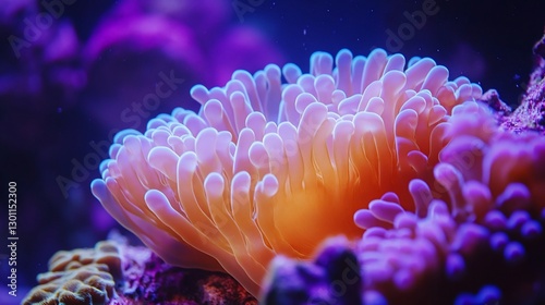 Vibrant coral anemone underwater aquarium, purple background, marine life