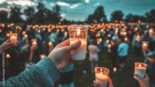 A group of people holding lit candles in a field.