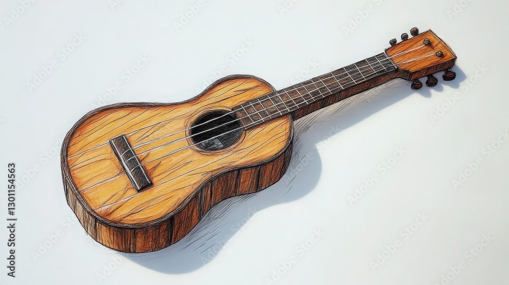 Fototapeta premium Hand-Drawn Ukulele Illustration with Wood Grain Texture and Shadow Detail