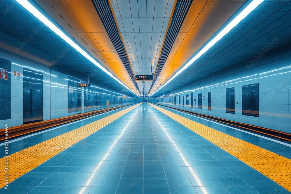 Empty subway platform with blue and yellow tiles and bright lights. Empty subway platform with blue and yellow tiles and bright lights.