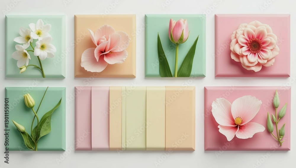 Obraz premium A series of colorful flowers are arranged in a grid, with each flower having a different color. The flowers are arranged in a way that creates a sense of harmony and balance
