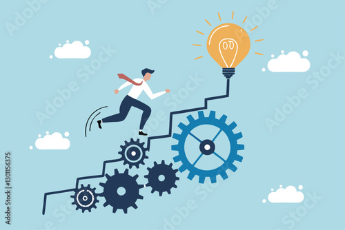 Best practices development, strategy to success or improvement, planning, progress or implementation process, efficiency or productivity concept, businessman running up stair on cogwheel gears system.