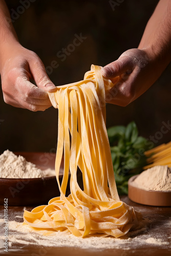Freshly made pasta being shaped by skilled hands in a rustic kitchen setting, showcasing culinary craftsmanship and tradition