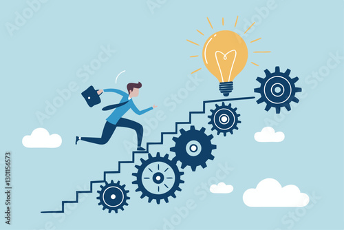 Best practices development, strategy to success or improvement, planning, progress or implementation process, efficiency or productivity concept, businessman running up stair on cogwheel gears system.