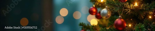 Tall Christmas tree lit from within with shining gold ornaments hanging down, silver, ornaments, evergreen