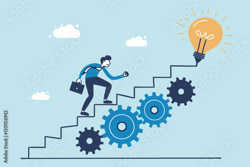 Best practices development, strategy to success or improvement, planning, progress or implementation process, efficiency or productivity concept, businessman running up stair on cogwheel gears system.