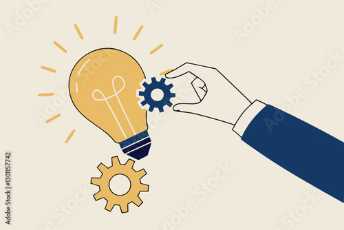 Implement business idea, development process or project implementation, new innovation, optimization or solution concept, businessman hand holding lightbulb idea implementing cogwheel to make it work.