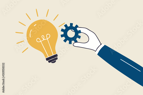 Implement business idea, development process or project implementation, new innovation, optimization or solution concept, businessman hand holding lightbulb idea implementing cogwheel to make it work.