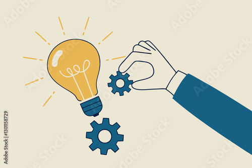 Implement business idea, development process or project implementation, new innovation, optimization or solution concept, businessman hand holding lightbulb idea implementing cogwheel to make it work.
