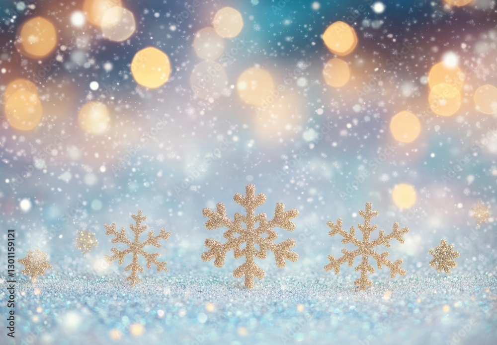 Naklejka premium Beautiful winter snowflakes in a sparkling snowy landscape with soft bokeh lights creating a magical holiday atmosphere for seasonal celebrations