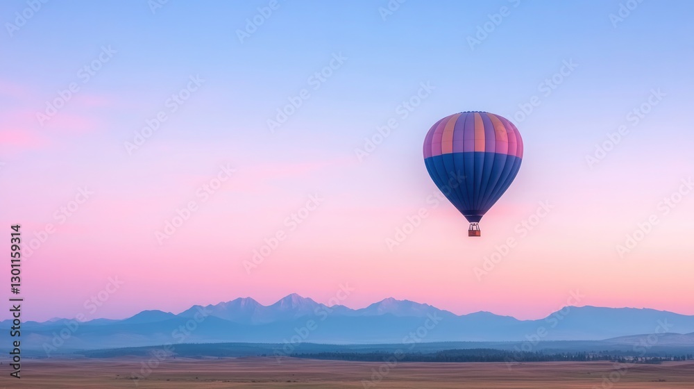 single hot air balloon drifts serenely at dawn its vibrant colors contrasting pastel morning sky over open plain mountains