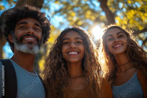photographie portrait de famille lifestyle d'un grand frère et de ses deux sœurs, souriants en extérieur et à contrejour