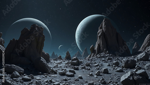 A surreal alien landscape with rocky terrain and planets in the sky, representing science fiction, space exploration, and otherworldly beauty photo