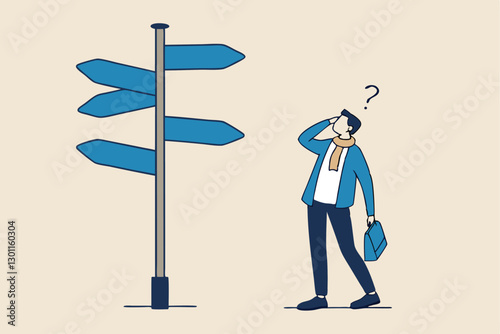 Business decision making, career path, work direction or choose the right way to success concept, confusing businessman looking at multiple road sign with question mark and thinking which way to go.