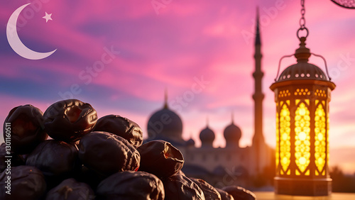 A Ramadan lantern at sunset with dates and a crescent moon, representing Islamic tradition, spirituality, and the holy month of fasting photo