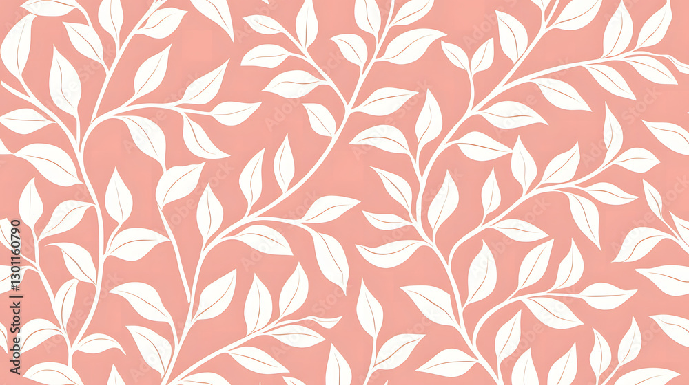 Delicate White Leaves on Coral: A seamless pattern of delicate white leaves and branches on a vibrant coral background, creating a harmonious and elegant design for your creative projects. Delicate White Leaves on Coral: A seamless pattern of delicate white leaves and branches on a vibrant coral background, creating a harmonious and elegant design for your creative projects.