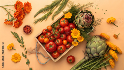 Top view of wooden tray with fresh tomatoes, artichokes, and marigold flowers on warm orange background, farm-to-table concept, vibrant food photography for seasonal and vegetarian blogs
