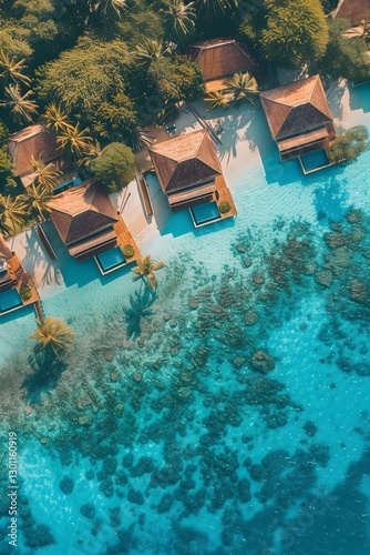 Impressive aerial perspective showcasing a tropical island resort with exclusive overwater bungalows, surrounded by lush greenery and crystal-clear turquoise waters, evoking a sense of serenity and