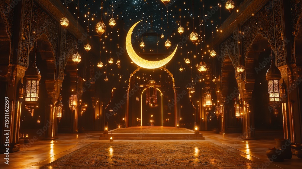 Fototapeta premium Crescent moon and stars shine above mosque silhouette in ramadan mubarak