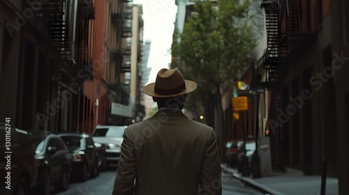 A well dressed man wearing a tan fedora hat casually strolling down a contemporary city street