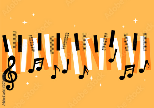 Concept modern music, piano concert, party, jazz session. Jazz music festival, poster background template. Music piano keyboard. Can be used as poster element or icon. Flying piano keys and notes