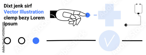 Robotic hand touches a blue circle connected to a plus sign, with various interface symbols thumbs up circles and check mark. Ideal for technology, AI, robotics, digital interfaces, medical tech