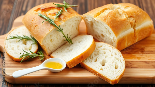 Freshly baked bread slices on a wooden board with olive oil, representing homemade bakery, food presentation, and rustic culinary delight photo