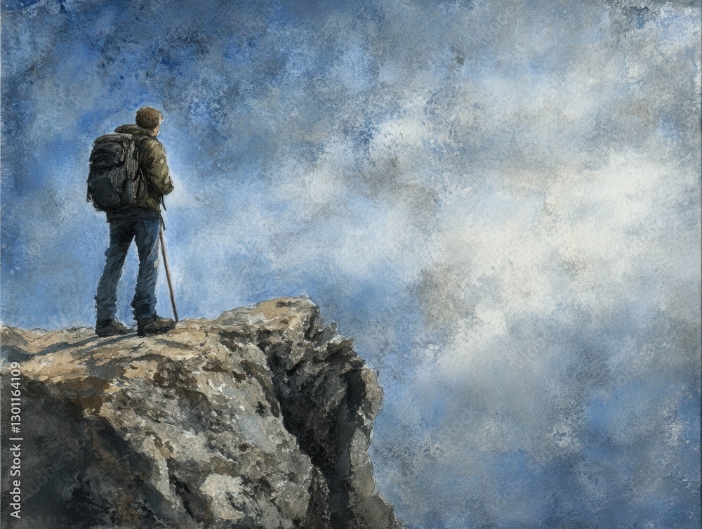 Perseverance and reflection hiker on mountain peak nature landscape watercolor art dramatic sky view Perseverance and reflection hiker on mountain peak nature landscape watercolor art dramatic sky view