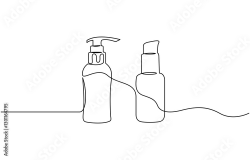 Cosmetic container bottle with pump dispenser vector, One line drawing. Cosmetic bottle with dispenser for hair or skin care product. Editable stroke.