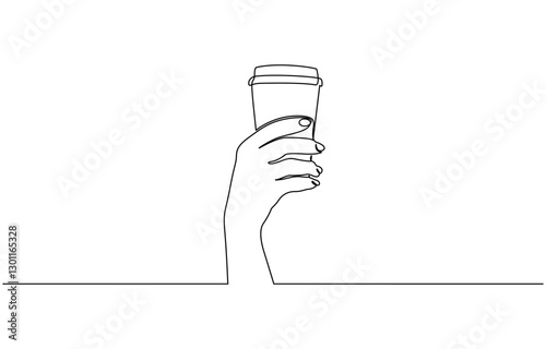 Continuous line drawing of a hand holding a coffee bottle, Coffee take away one line continuous. Coffee in hand line art. Hand drawn vector art.