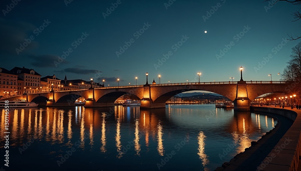 Cityscape at night with illuminated bridge reflecting on water under the moonlight Cityscape at night with illuminated bridge reflecting on water under the moonlight