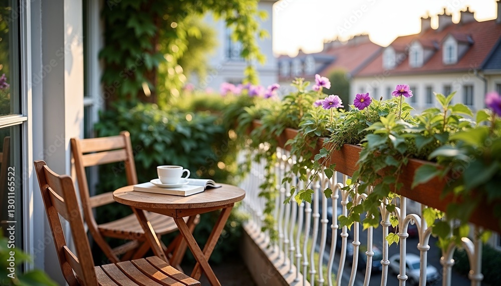Obraz premium Balcony railing adorned with plants and flowers, featuring a cozy seating area for relaxation