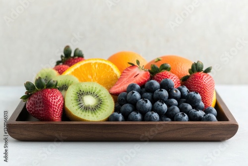 Fototapeta Naklejka Na Ścianę i Meble -  vibrant assortment of ripe fruits and berries elegantly arranged on minimalistic wooden tray against soft white background