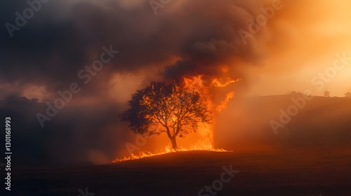 Lone Tree Engulfed In Fiery Blaze With Billowing Smoke Rising Over Dramatic Landscape   Powerful Cinematic Image Depicting Nature s Destructive Force And Intensity photo
