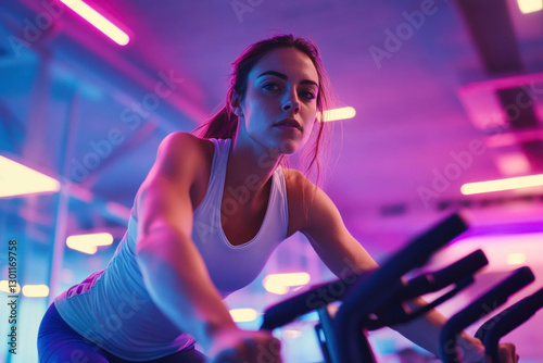 Determined sportswoman cycling in neon lit gym, intense fitness training photo