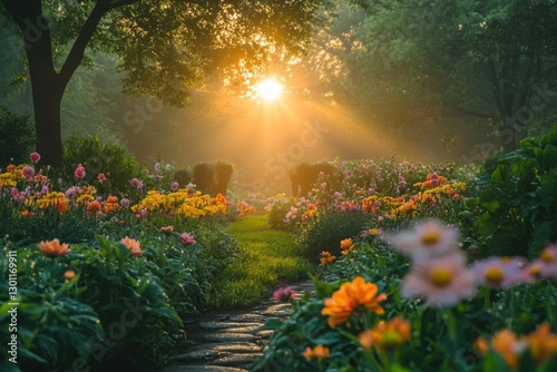 A stone path leads through a vibrant flower garden bathed in the golden glow of sunrise.