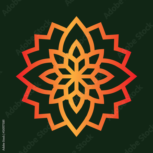
This image showcases a beautifully intricate geometric mandala design with a striking gradient of warm colour, transitioning from golden yellow to deep red. The symmetrical floral-inspired pattern ex