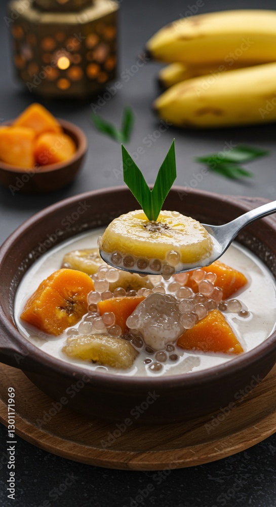A warm bowl of Indonesian kolak, featuring bananas, sweet potatoes, and tapioca pearls in creamy coconut milk, served with fresh pandan leaves. A warm bowl of Indonesian kolak, featuring bananas, sweet potatoes, and tapioca pearls in creamy coconut milk, served with fresh pandan leaves.