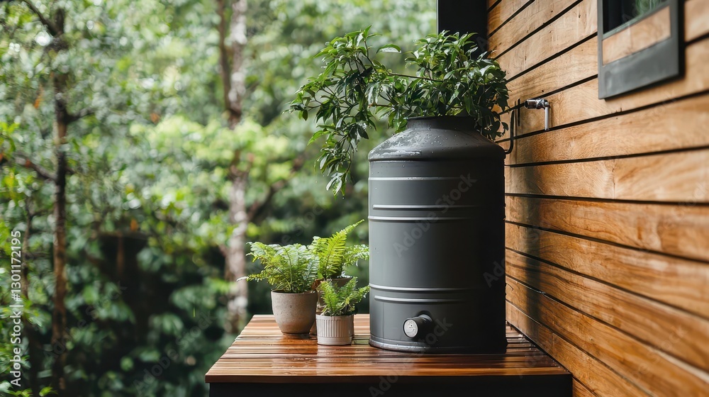 Naklejka premium Rainwater harvesting system in use at a remote ecoretreat, ecotourism sustainability feature, practical, environmental focus