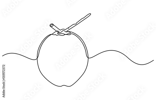 Continuous one single minimal line drawing coconut, Single continuous line drawing whole and sliced healthy organic coconut for orchard logo identity. Fresh fruitage concept for fruit garden icon.