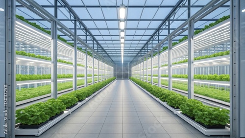 A modern hydroponic greenhouse with rows of vibrant green plants under bright LED lights