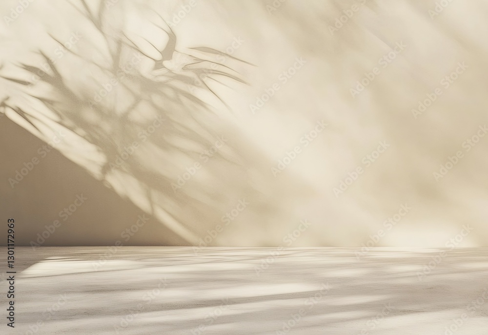 Obraz premium Shadows and Textures: Evoking a sense of natural serenity, shadows cast by a plant create an artistic interplay of light and shade on a backdrop, perfect for product presentations.