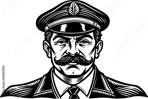 Police officer with an exaggerated, curled mustache, classic law enforcement imagery with humorous and surreal artistic style sketch engraving vector