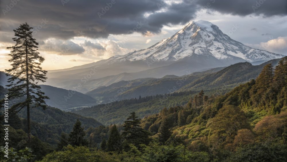 Fototapeta premium Majestic mountain landscape with lush green forests and dramatic clouds