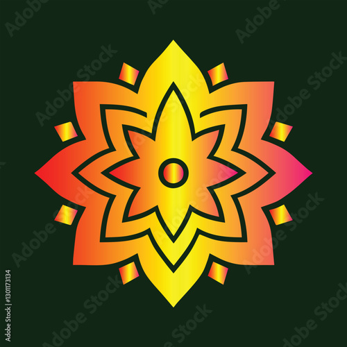 
This image showcases a beautifully intricate geometric mandala design with a striking gradient of warm colour, transitioning from golden yellow to deep red. The symmetrical floral-inspired pattern ex